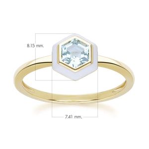 Geometrico Esagonale Anellocon topazio azzurro e smalto bianco in argento sterling placcato oro