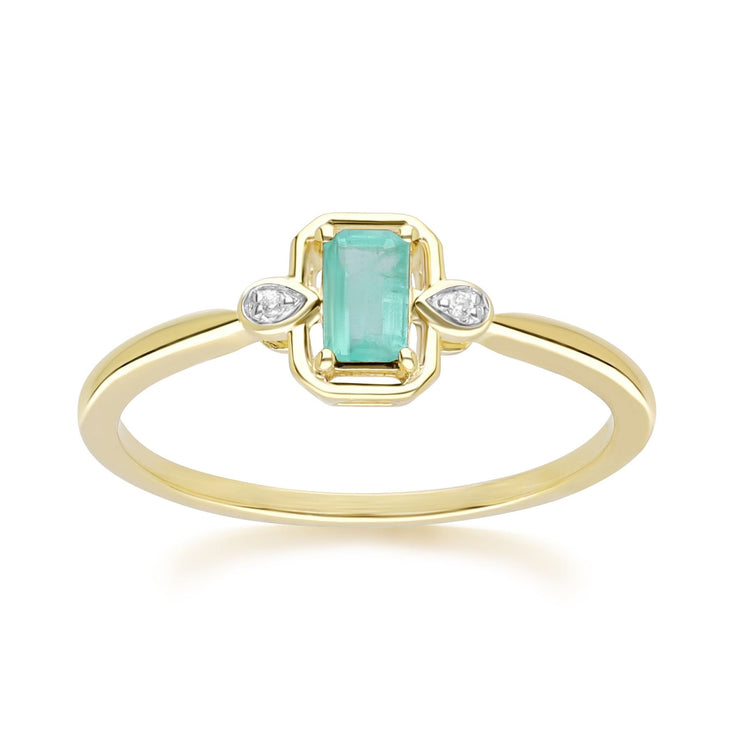 Bague Classique en Or Jaune 9ct avec Emeraude Baguette et Diamants