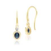 Boucles d'Oreilles Pendantes Classique en Or Jaune 9ct avec Saphir Oval et Diamants Ronds