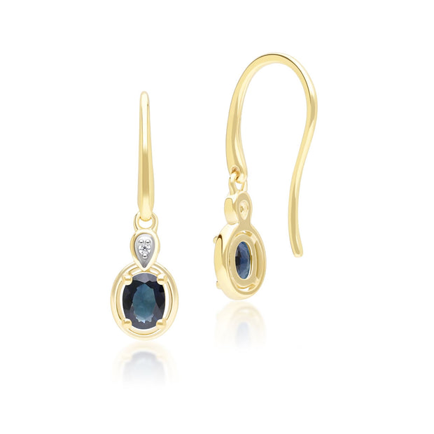 Boucles d'Oreilles Pendantes Classique en Or Jaune 9ct avec Saphir Oval et Diamants Ronds