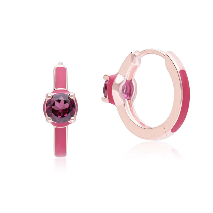 Boucles d'Oreilles Créoles Siberian Waltz En Email Rose et Rhodolite Ronde En Or Vermeil Rose