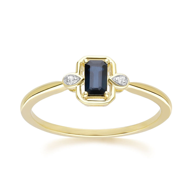 Bague Classique en Or Jaune 9ct avec Saphir Baguette et Diamants