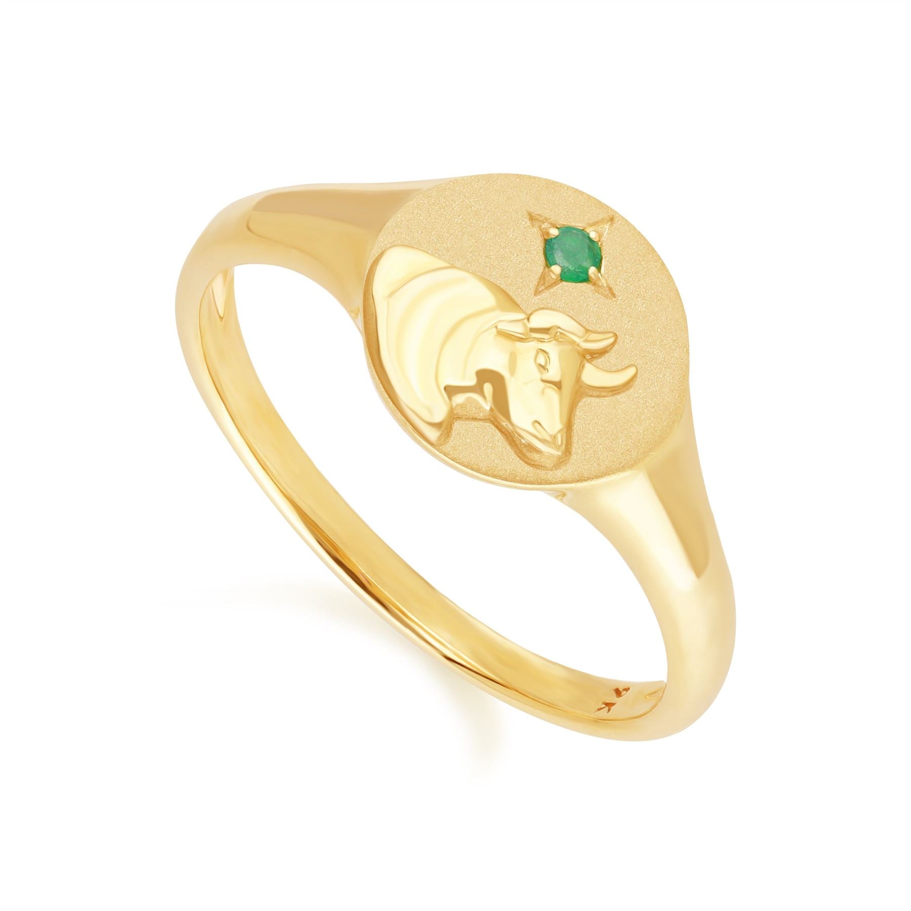 Zodiac Anello con sigillo Toro zodiacale  con smeraldo in oro giallo 9 carati