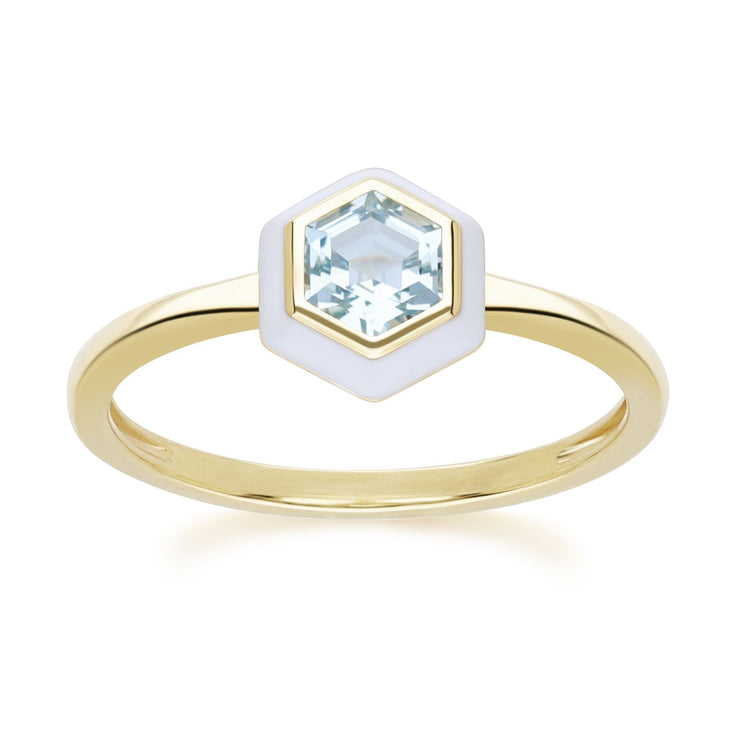 Anello esagonale geometrico con topazio azzurro e smalto bianco in argento sterling oro pregiato