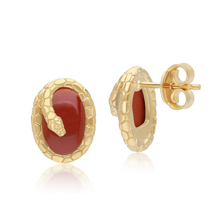 Orecchini a perno a forma di serpente arrotolato in diaspro rosso ECFEW™ in argento sterling placcato oro