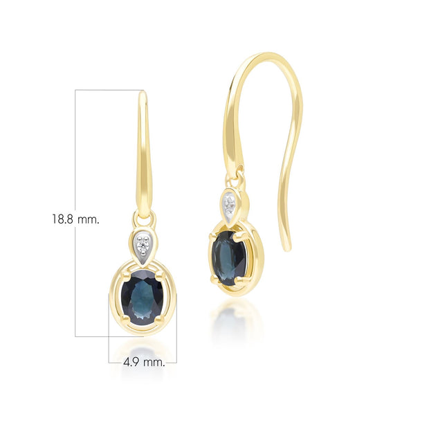 Boucles d'Oreilles Pendantes Classique en Or Jaune 9ct avec Saphir Oval et Diamants Ronds