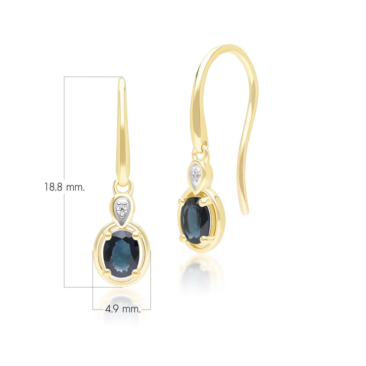 Boucles d'Oreilles Pendantes Classique en Or Jaune 9ct avec Saphir Oval et Diamants Ronds
