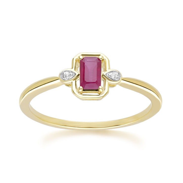 Bague Classique en Or Jaune 9ct avec Rubis Baguette et Diamants