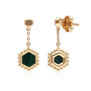 Malachite Flat Slice Hex Drop Earrings in Gold Plated 925 Sterling Silver 