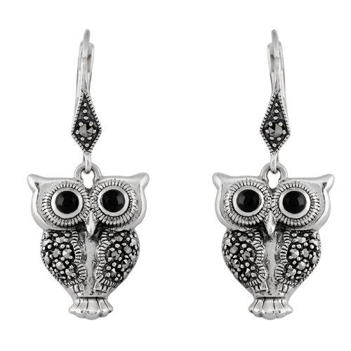 Art Deco Black Onyx & Marcasite Owl Drop Earrings Image 1