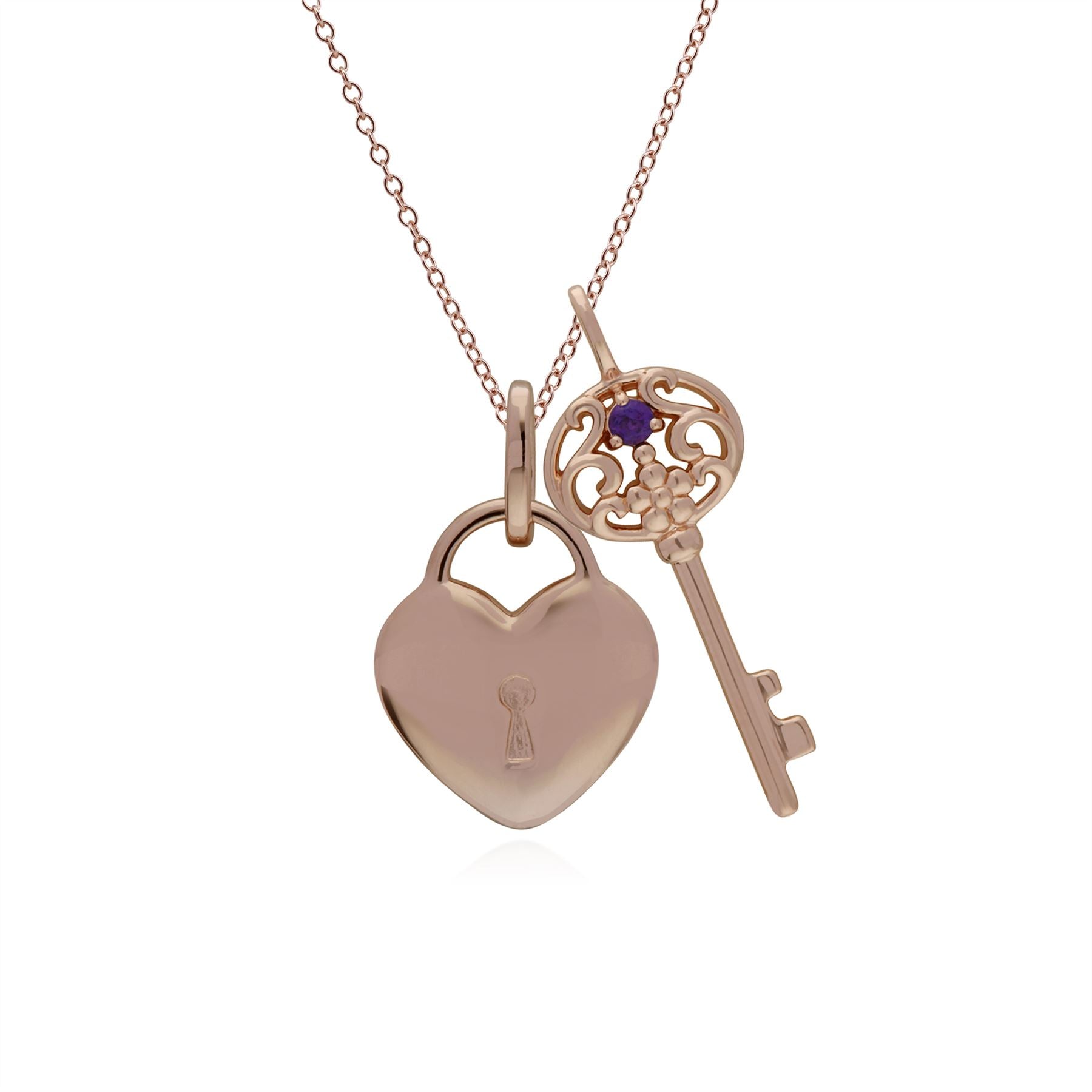 Ciondolo classico con lucchetto a cuore in argento 925 placcato oro rosa e grandi ciondoli con chiave in ametista