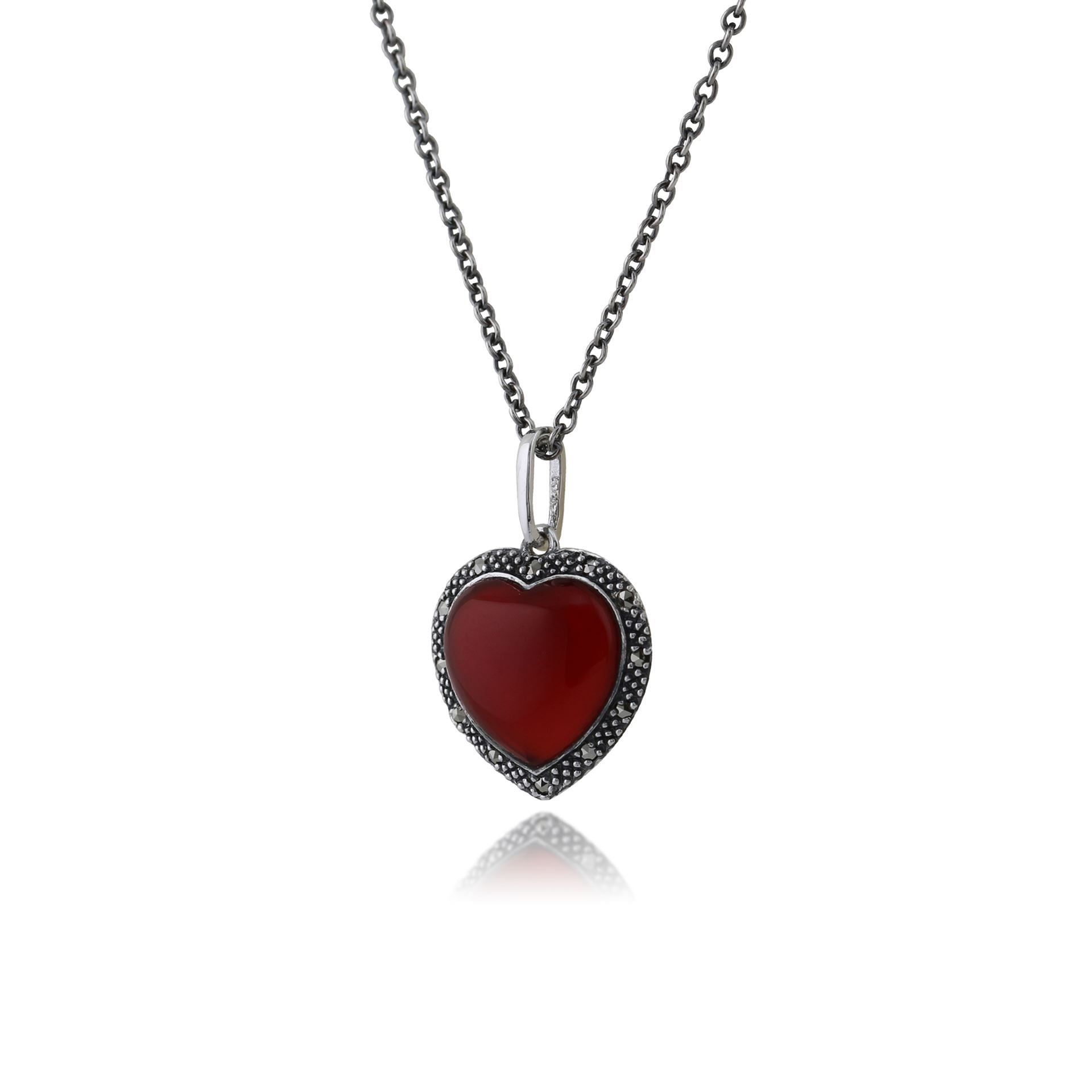 Art Deco Style Heart Carnelian & Marcasite Halo Love Heart Pendant in 925 Sterling Silver