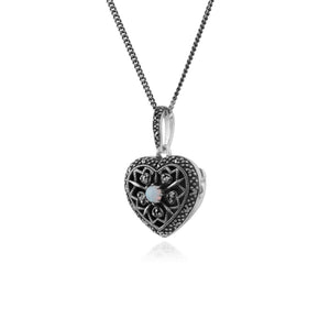 Art Nouveau Style Round Opal & Marcasite Heart Necklace in 925 Sterling Silver