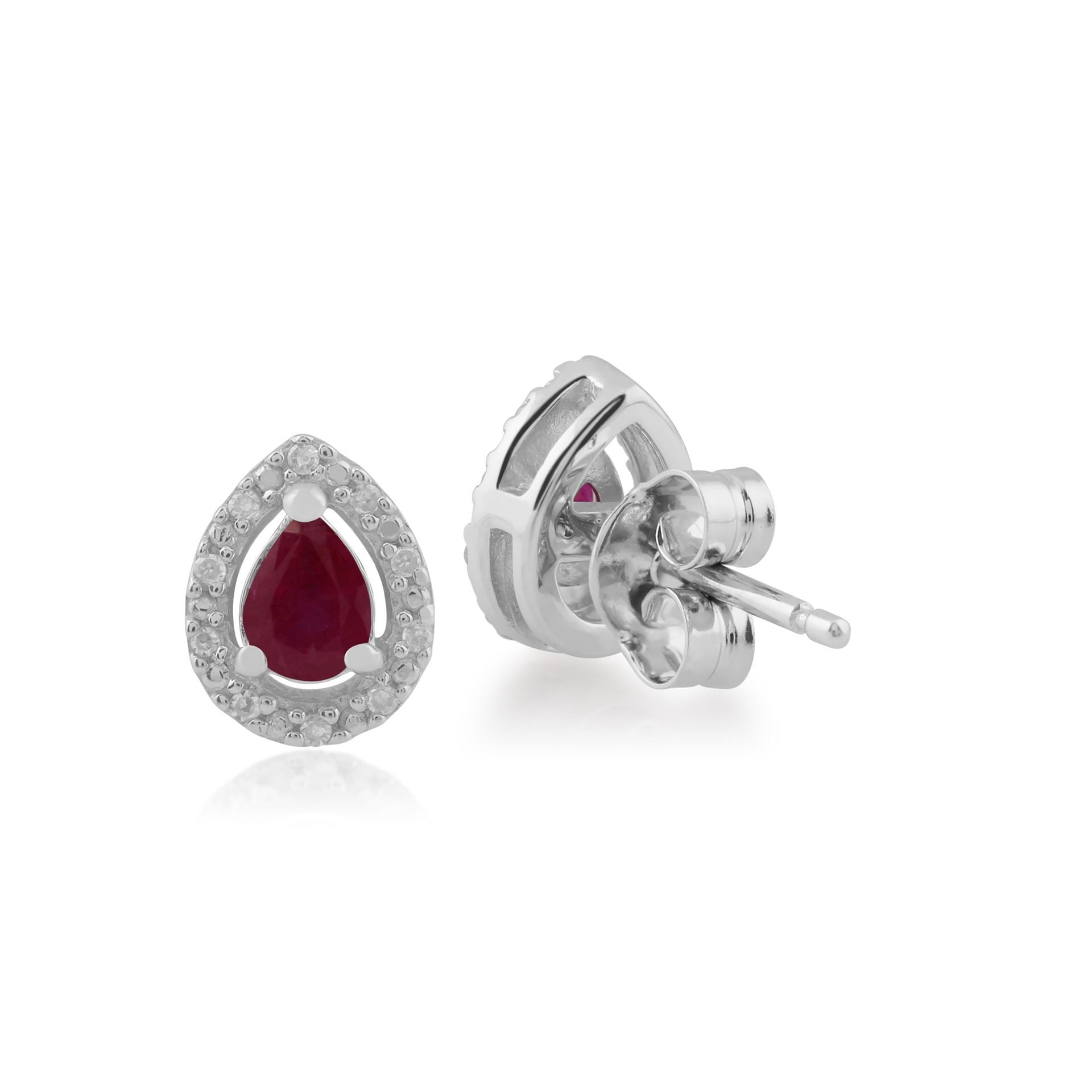 Classic Pear Ruby & Diamond Halo Stud Earrings in 9ct White Gold