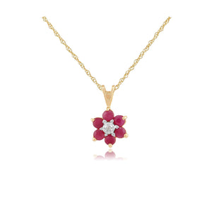 Floral Round Ruby & Diamond Cluster Pendant in 9ct Yellow Gold