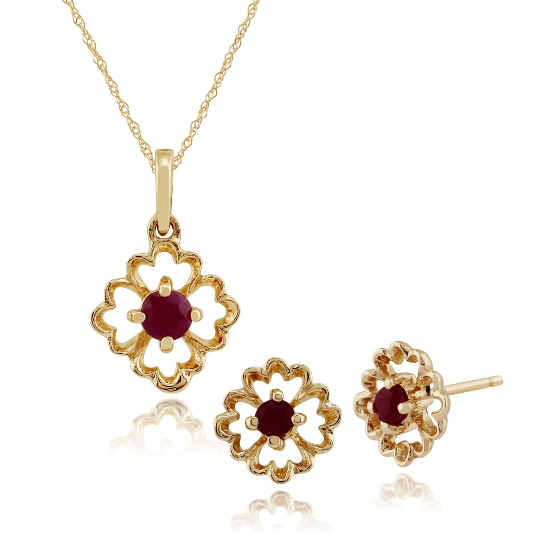 Floral Ruby Stud Earrings & Pendant Set Image 1