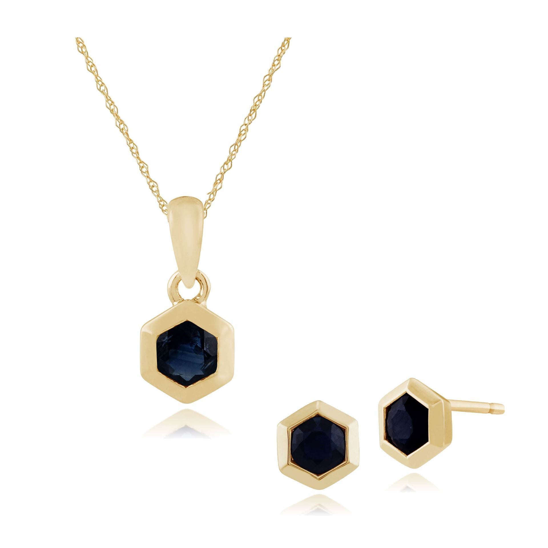 Geometric Sapphire Bezel Set Stud Earrings & Pendant Set Image 1