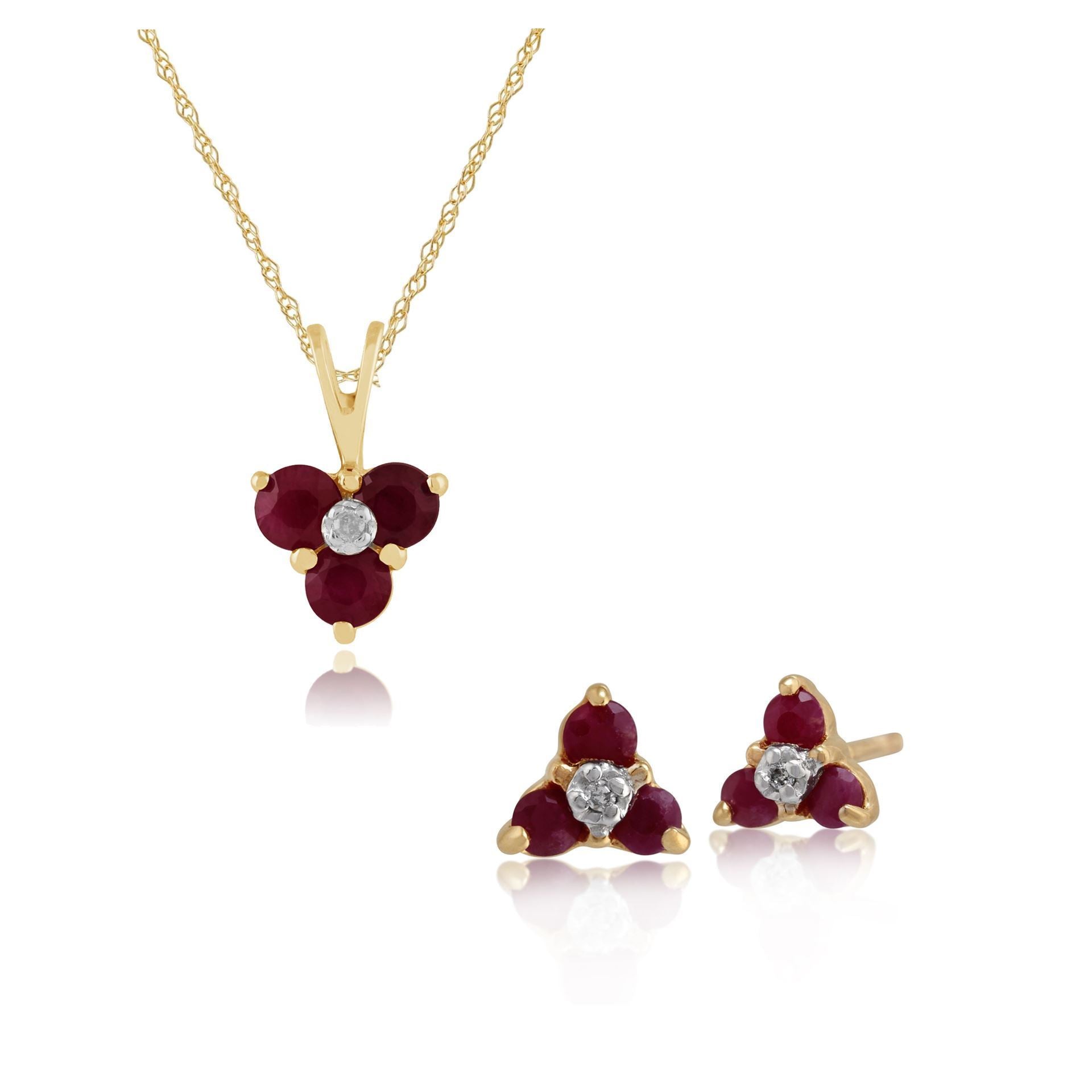 Floral Ruby & Diamond Flower Cluster Stud Earrings & Pendant Set Image 1