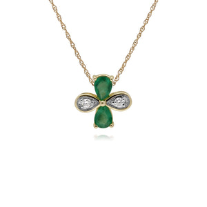 Floral Pear Emerald & Round Diamond Clover Pendant in 9ct Yellow Gold