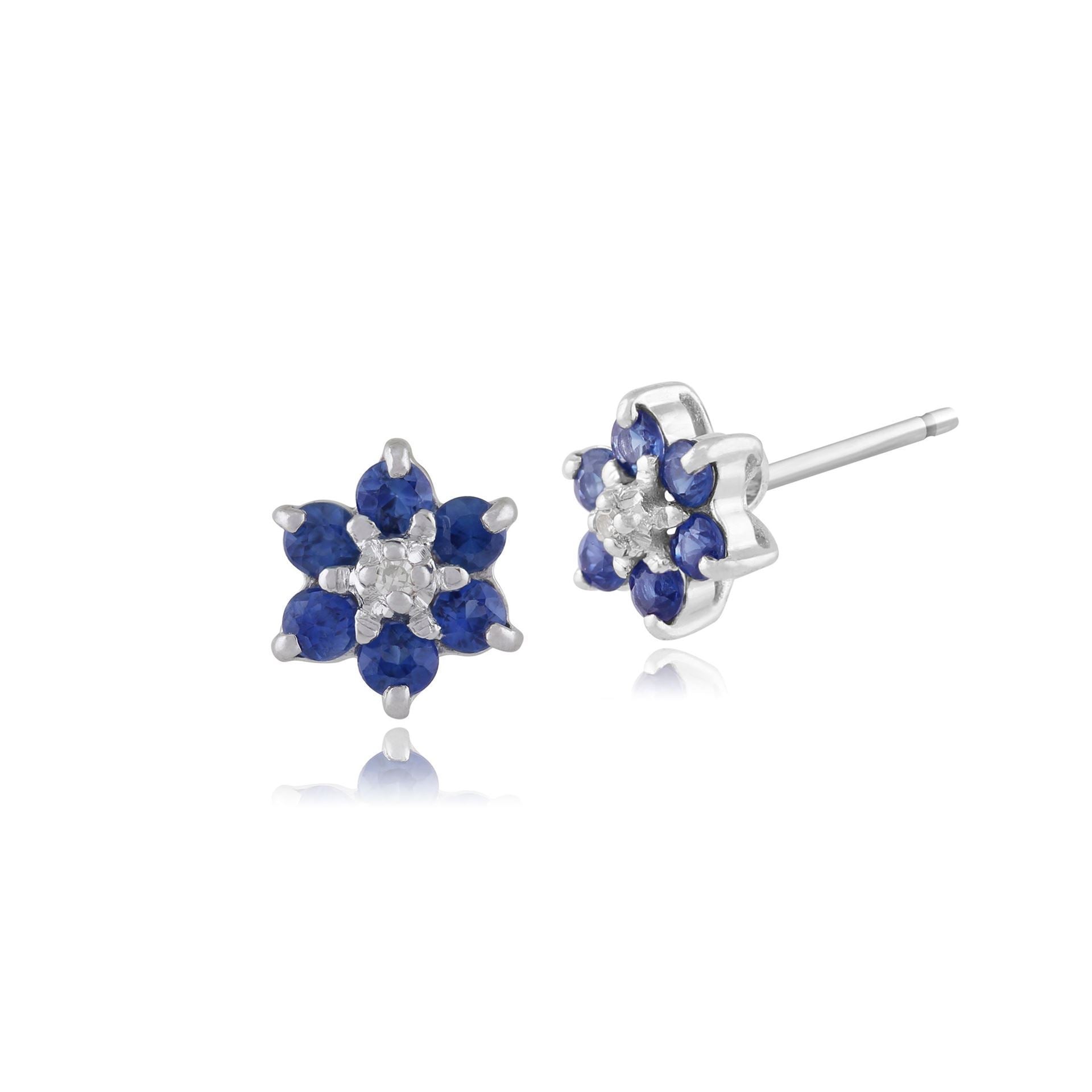Floral Round Light Sapphire & Diamond Cluster Stud Earrings in 9ct White Gold