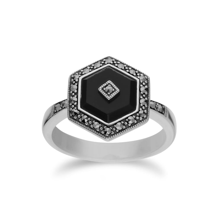 Gemondo Anello esagonale da donna in argento sterling con onice nero e marcasite - Onice