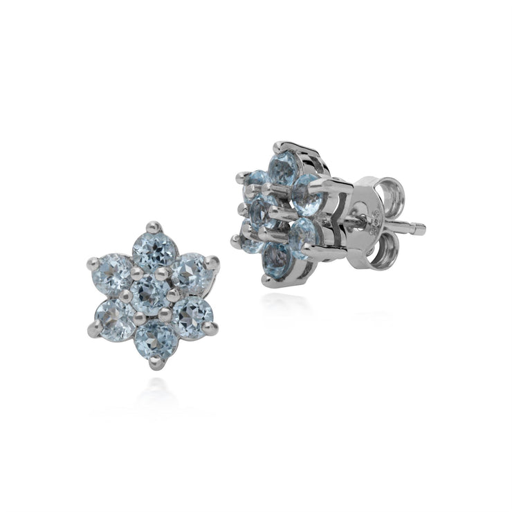 Orecchini a bottone floreali in argento 925 con topazio blu in stile grappolo