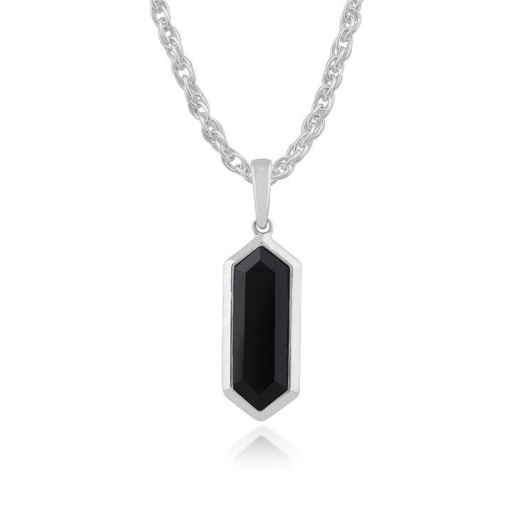 Ciondolo con prisma esagonale geometrico in onice nero geometrico in argento 925 e orecchini pendenti