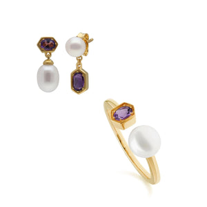 Modern Pearl & Amethyst Earring & Ring Set in Gold Plated Sterling Silver