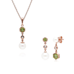 Modern Pearl, Peridot & Topaz Pendant & Earring Set in Rose Gold Plated Sterling Silver