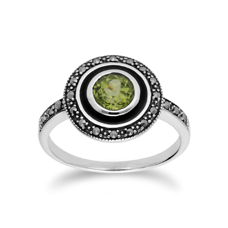 Anello Gemondo con peridoto, anello in argento, peridoto e marcasite smaltato nero - Peridoto