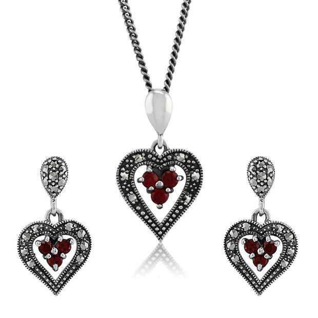 Ciondolo a cuore in stile Art Déco e orecchini pendenti in argento 925 con granato rotondo e marcasite
