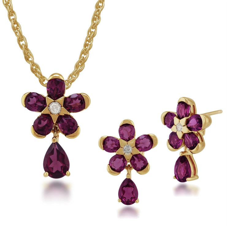 Ciondolo e orecchini a bottone floreale in argento 925 placcati in oro con rodolite e diamanti