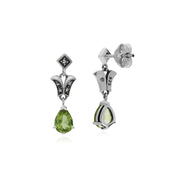 Orecchini con peridoto, orecchini pendenti in argento sterling con peridoto e marcasite in stile Art Nouveau
