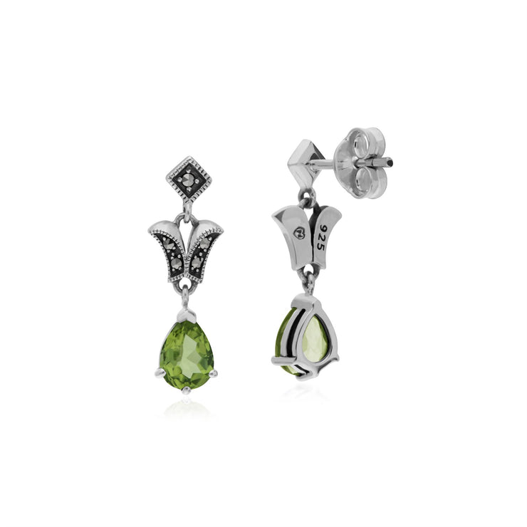Orecchini con peridoto, orecchini pendenti in argento sterling con peridoto e marcasite in stile Art Nouveau