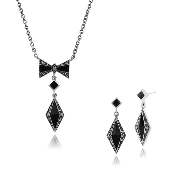 Collana e orecchini con pendente in stile Art Déco Argento 925 Onice nero e marcasite