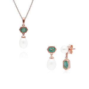 Modern Pearl & Emerald Pendant & Earring Set in Rose Gold Plated Sterling Silver