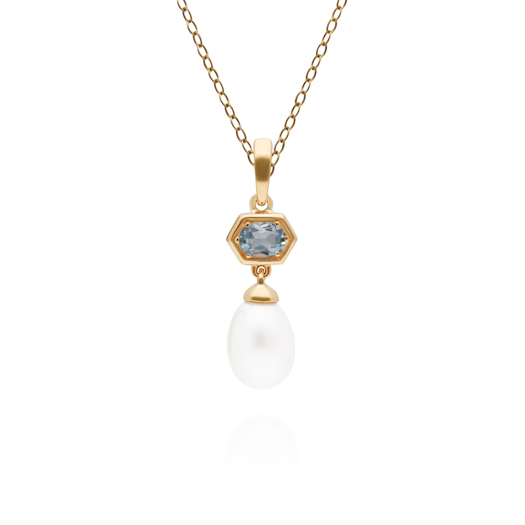 Pendente con catena a goccia esagono moderno con perla e acquamarina in argento sterling placcato oro