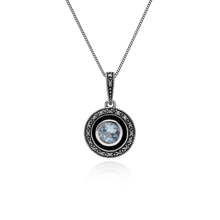 Ciondolo in stile Art Déco in argento 925 tondo con topazio azzurro, marcasite e smalto
