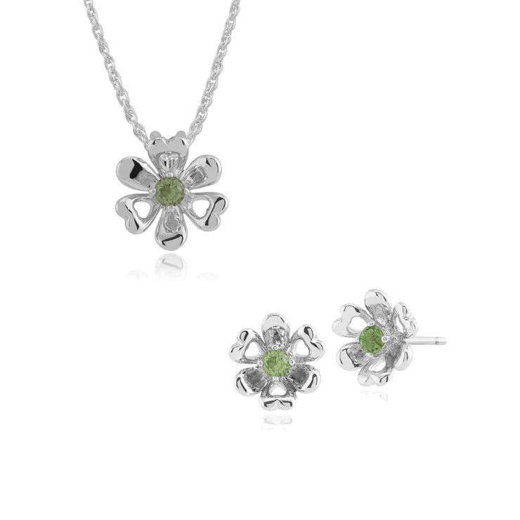 Orecchini pendenti e a bottone stile floreale margherita in argento 925 con peridoto rotondo