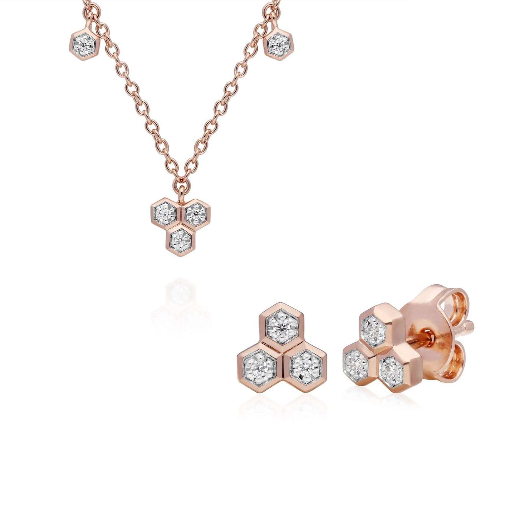 Diamond Trilogy Necklace & Stud Earring Set in 9ct Rose Gold