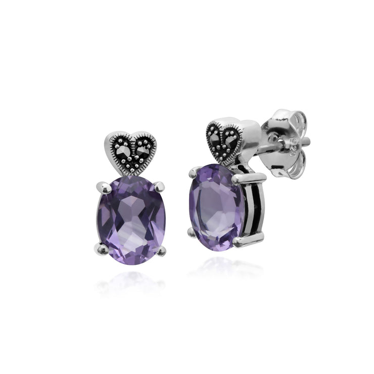 Orecchini con ametista, orecchini a bottone ovali con ametista e marcasite in argento sterling
