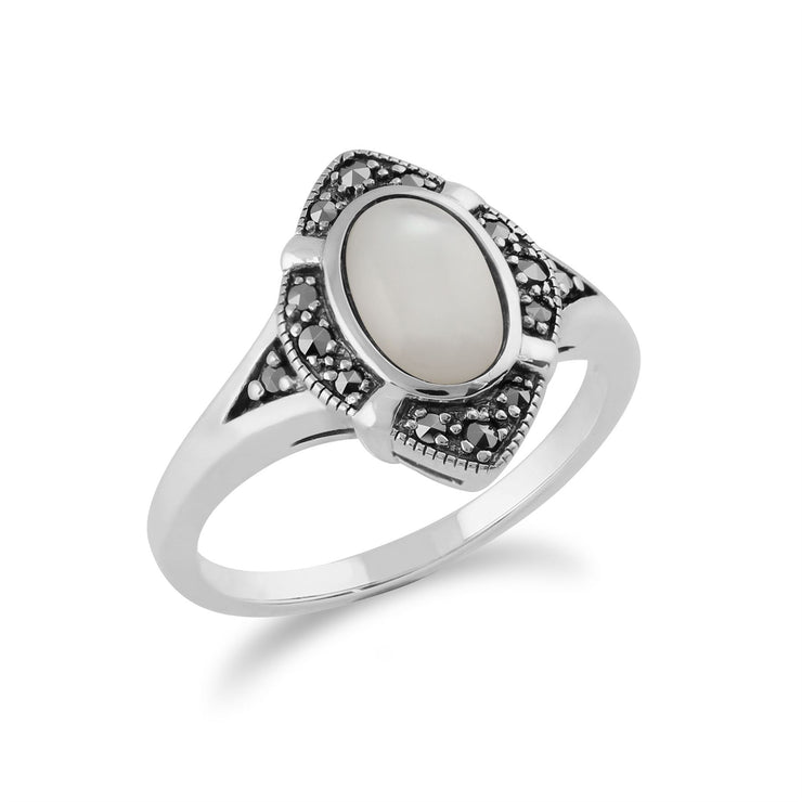 Anello Art Déco Gemondo, argento sterling 925 da 1,00 carati, madreperla e anello Art Déco con marcasite