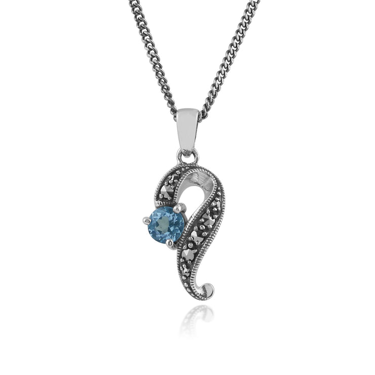 Collana e orecchini a bottone intrecciato in stile Art Nouveau in argento 925 tondo con topazio azzurro e marcasite