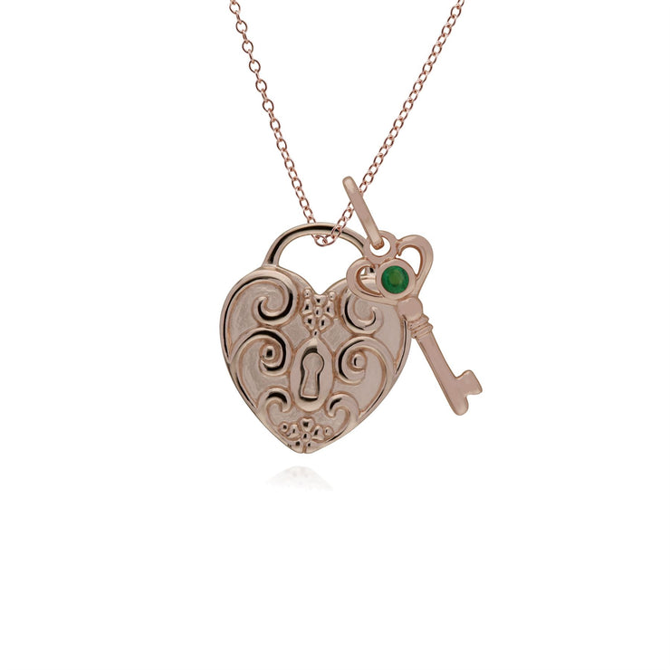Ciondolo classico con lucchetto a cuore intrecciato in argento 925 placcato in oro rosa e ciondoli con chiave in smeraldo