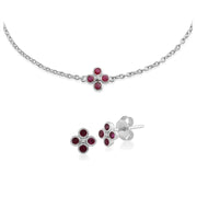 Orecchini e bracciale a bottone con trifoglio floreale in argento 925 con rubino rotondo