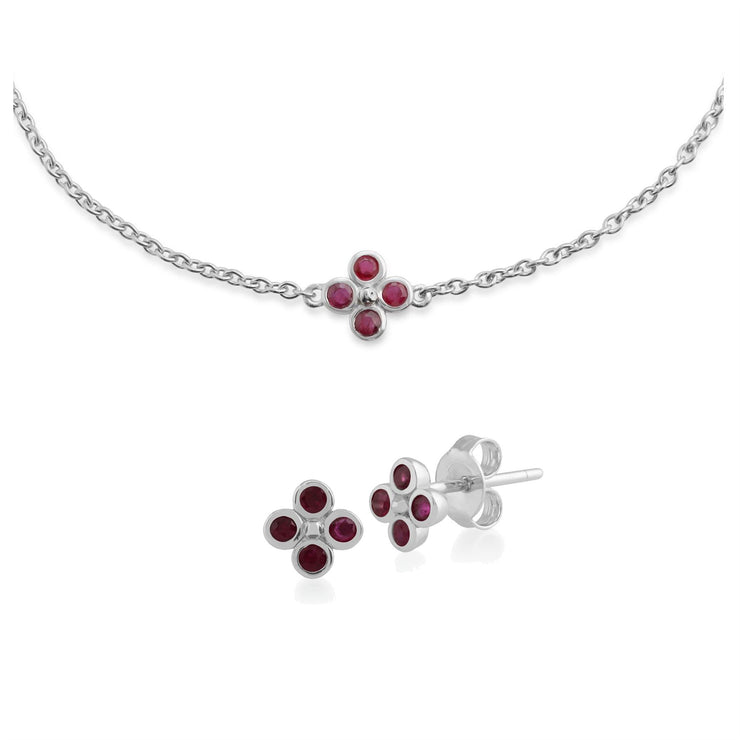 Orecchini e bracciale a bottone con trifoglio floreale in argento 925 con rubino rotondo