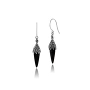 Collana e orecchini con pendente in stile Art Déco Argento 925 Cabochon di onice nero e marcasite