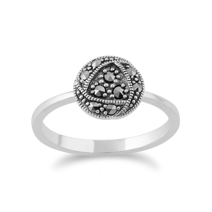 Orecchini pendenti e anello stile Rennie Mackintosh in argento 925 con marcasite rosa Glasgow rotonda