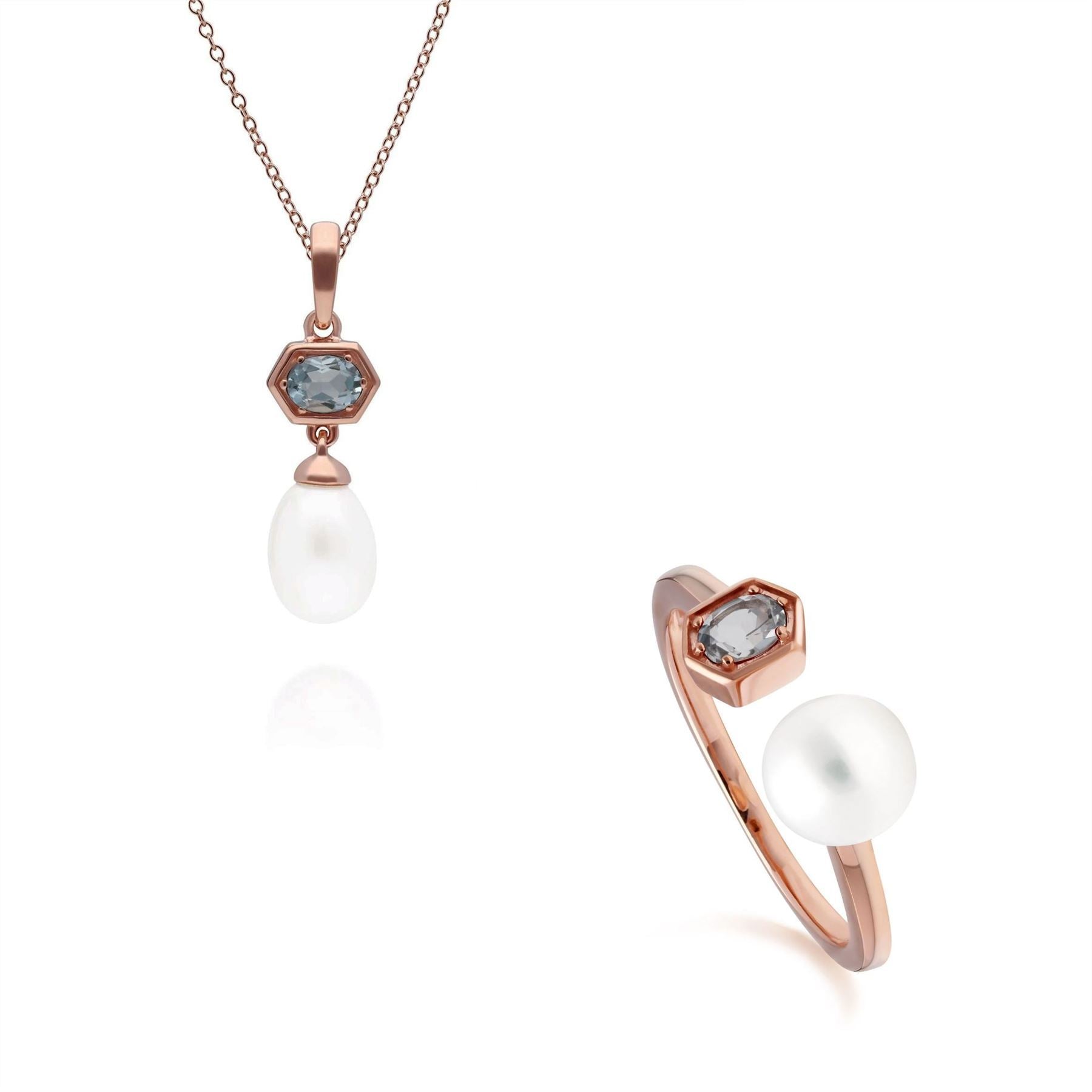 Modern Pearl & Aquamarine Pendant & Ring Set in Rose Gold Plated Sterling Silver