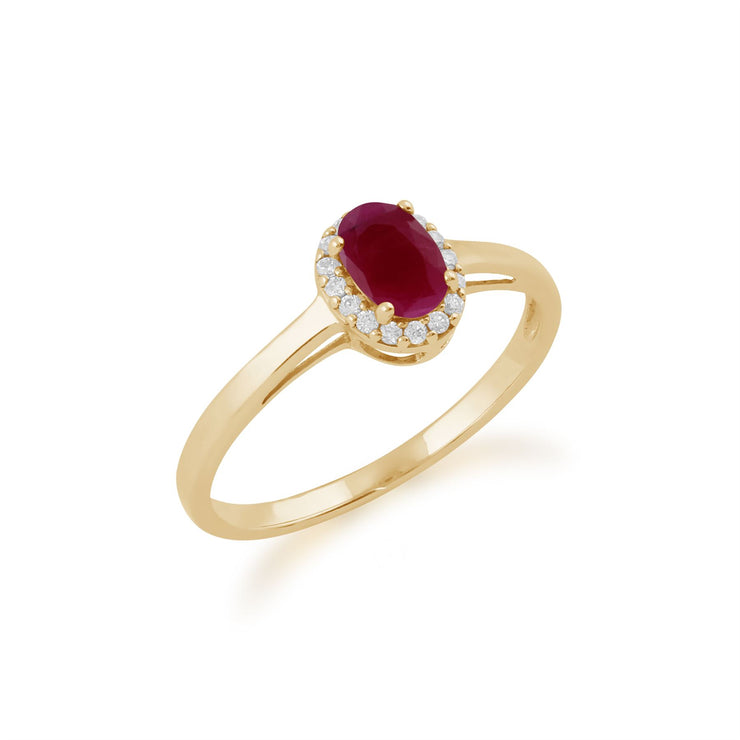 Classico anello Halo in oro giallo 375 con rubini e diamanti
